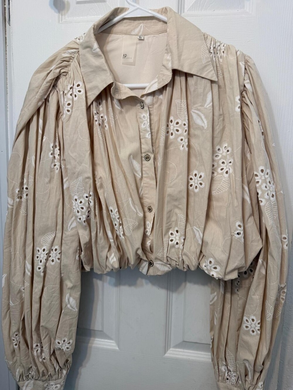 Beige Eyelet Puff-Sleeve Button-Down Shirt